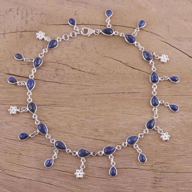 Tidal Luster Handmade Lapis Lazuli and Sterling Silver Anklet from India