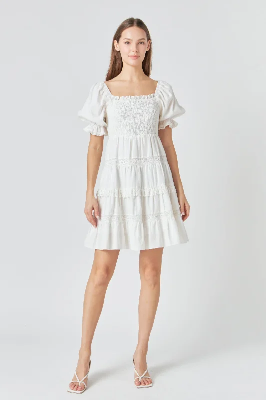 Linen Smocked Mini Dress with Lace PrettyLittleThing mini dresses