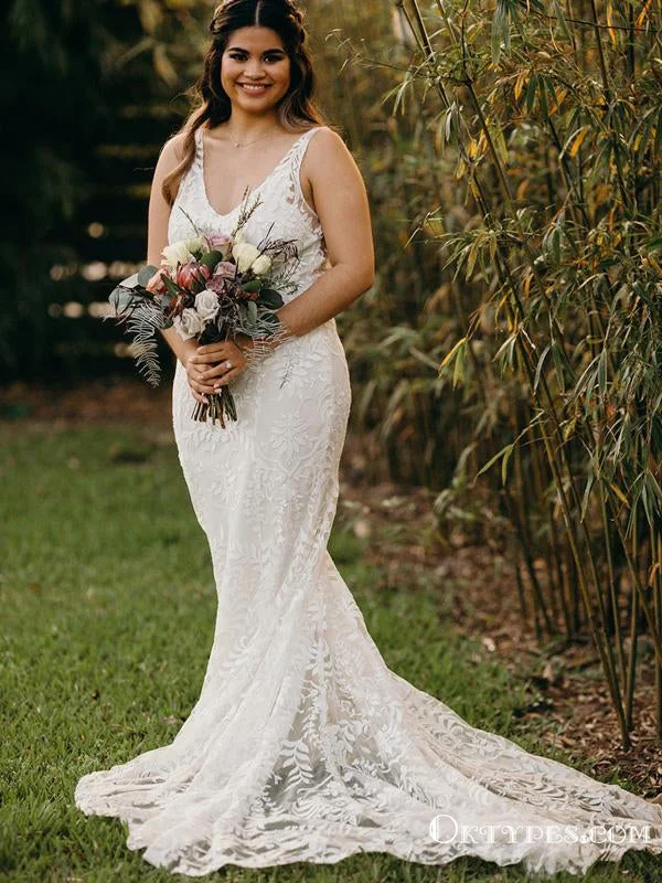 Charming Hot Selling Pretty V-neck Sleeveless Lace A-line Long Cheap Mermaid Wedding Dresses, WDS0008 Satin Bridal Gown