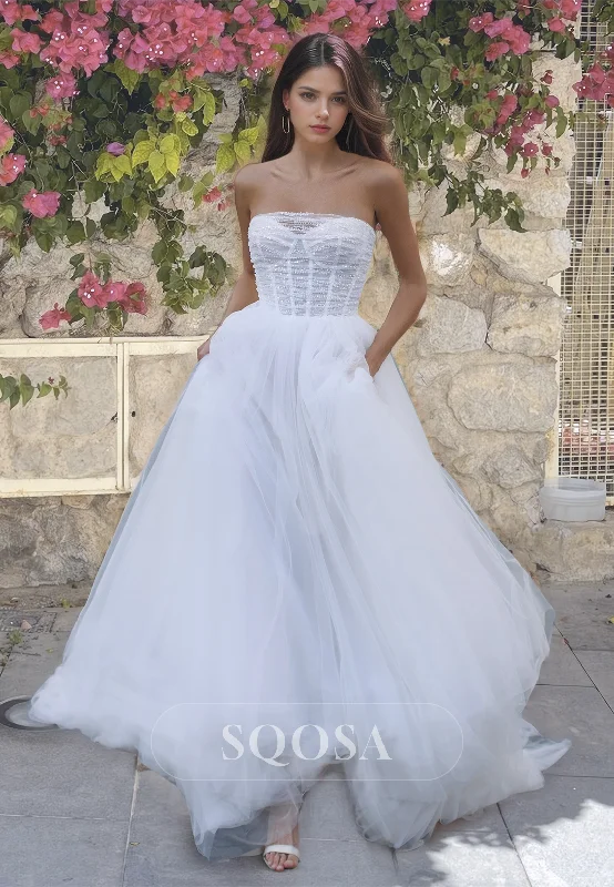 Sweetheart Sleeveless Beaded A-Line Bridal Dress Off-Shoulder Pleated Tulle Wedding Dress with Train Classic Lace Gown