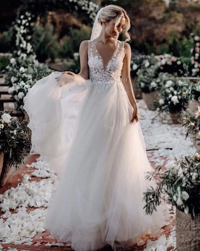 Lace V Neck Tulle Wedding Dress Destination Lace Wedding Gown