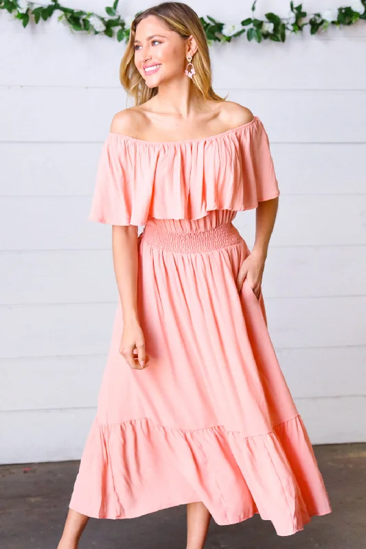 Coral off Shoulder Smocked Waist Ruffle Sleeve Midi Dress Best value midi dresses