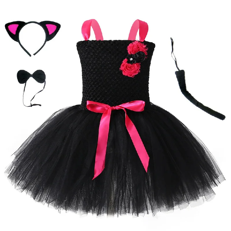 Baby Girls Black Cat Dress for Kids Birthday Outfits Toddler Girl Halloween Costumes Children Animal Dresses with Headband Set Open-back unclassified dresses