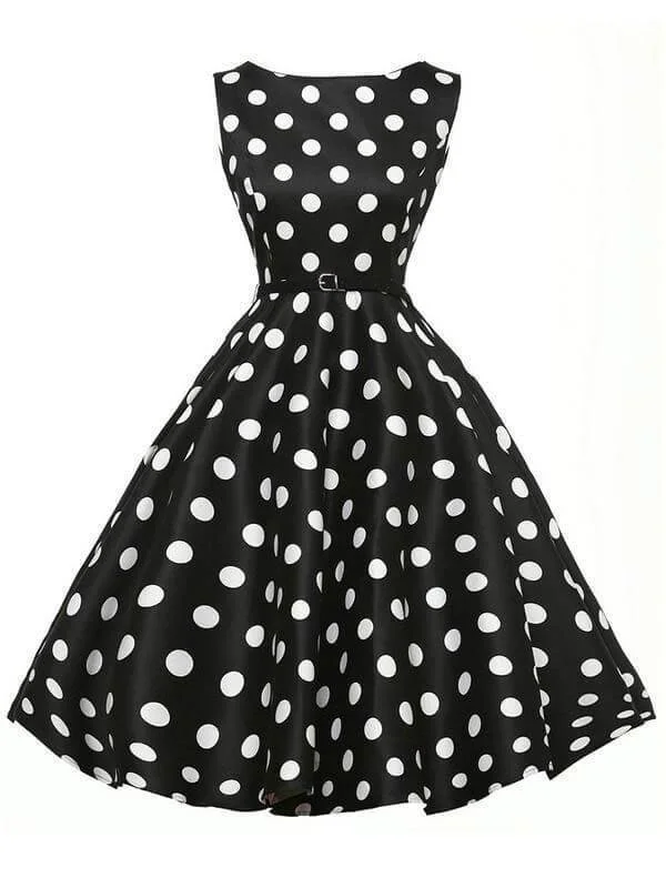 Black 1950s Polka Dot Belted Dress Neutral tone unclassified dresses