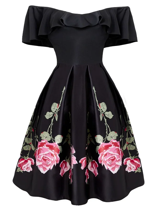 Black 1950s Ruffle Off Shoulder Dress Stretchy unclassified dresses