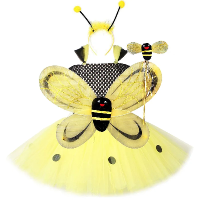Cute Honeybee Children Kids Dresses Girls Tinkerbel Costumes Butterfly Wings Fairy Tutu Dress Bee Princess Ball Gown with Dots Club unclassified dresses