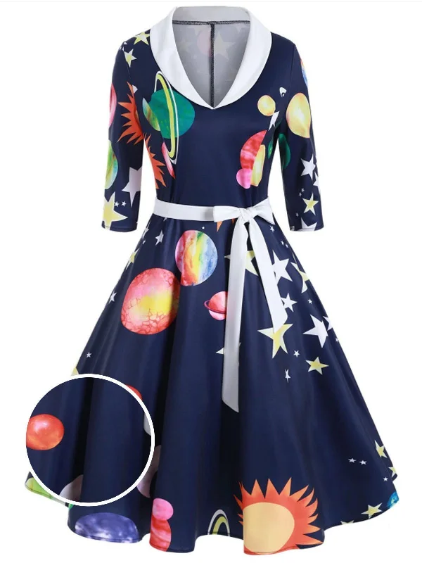 Dark Blue 1950s Moon Star Swing Dress Stretchy unclassified dresses