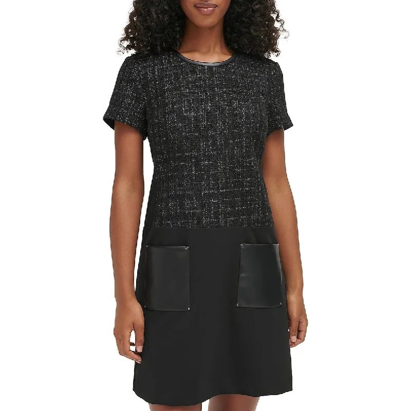 Karl Lagerfeld Paris Womens Tweed Faux Leather Trim Wear To Work Dress Vacation unclassified dresses