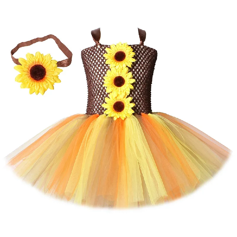 Kids Sunflower Tutu Dress Girls Fancy Fairy Costumes for Fall Woodland Halloween Princess Dresses with Headband Children Outfits High-low unclassified dresses