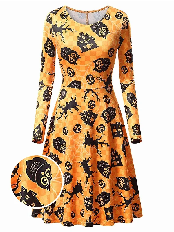 Orange 1950s Halloween Owl Flared Dress Chiffon unclassified dresses