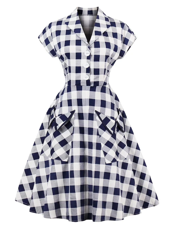 Special Blue White 1950s Pockets Plaid Dress Vacation unclassified dresses