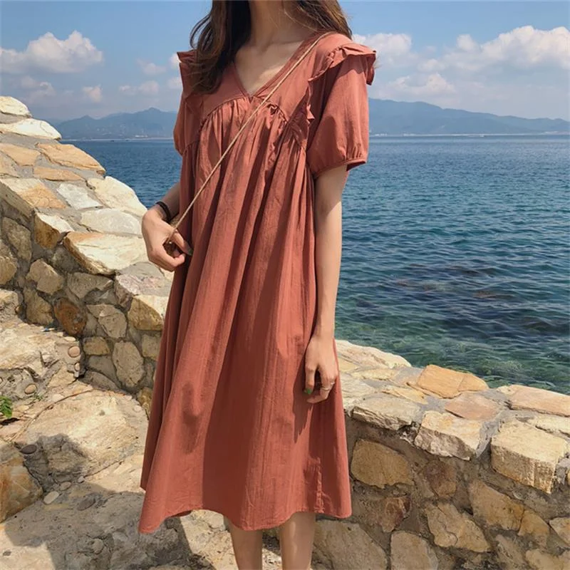 Women's Kawaii Lovely Dresses Ins Chic Loose Wooden Eared V-neck High Waist Dress Female Sweet Harajuku Punk Clothes For Women Ruched unclassified dresses Women's Kawaii Lovely Dresses Ins Chic Loose Wooden Eared V-neck High Waist Dress Female Sweet Harajuku Punk Clothes For Women Ruched unclassified dresses
