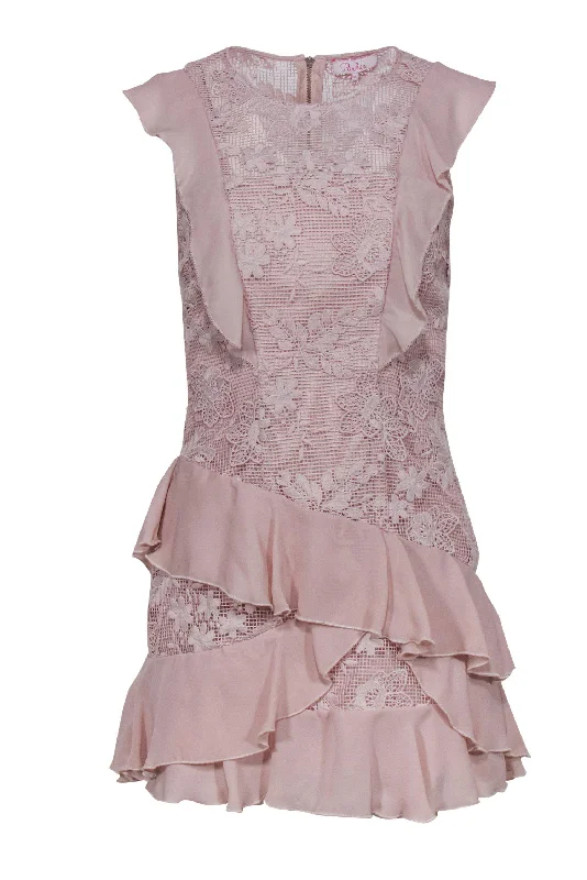 Parker - Light Pink Ruffle Lace Sheath Dress Sz 4 Long Sleeve Lace Dress