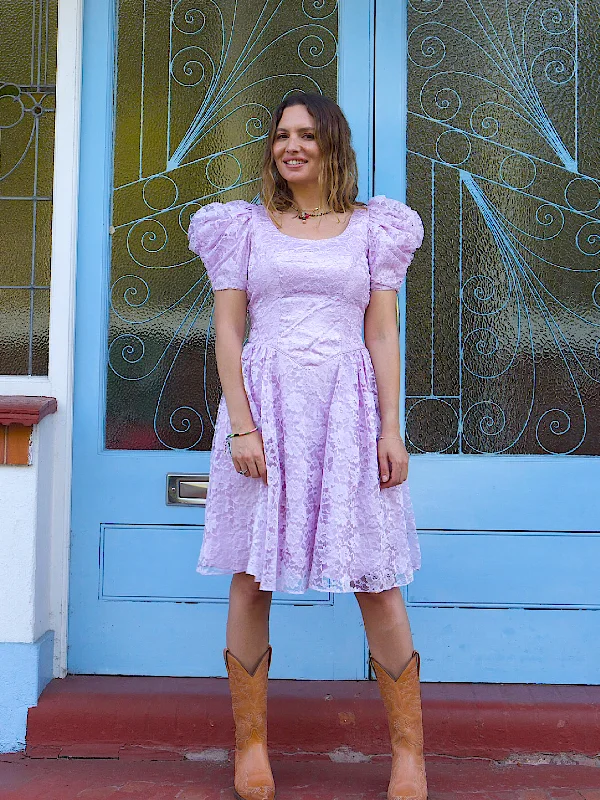 Vintage lilac party dress lace and puffy shoulders Lace Dress Lookbook