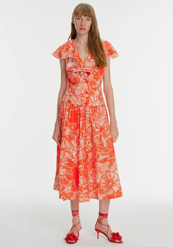 Exquise Ruffle Neck Floral Maxi Dress, Orange Printed Maxi Skirt