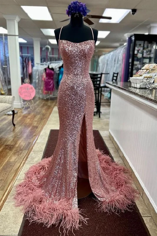 Mermaid Long Sequined Straps Prom Dress with Feather Hem,DP352 Modern Sequin Gown