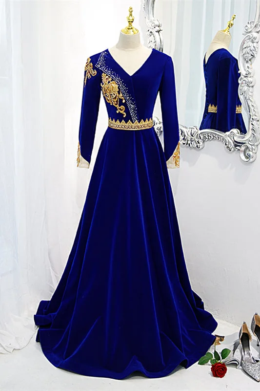 Royal Blue V Neck Gold Sequins Long Sleeves Beaded Long Formal Dress Off-shoulder Sequin Dress